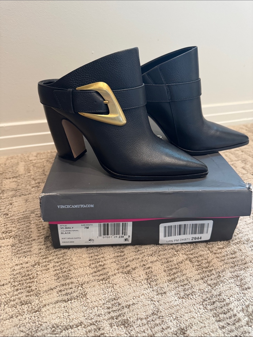 Vince Camuto Black Leather Pointed Mule with Gold Buckle